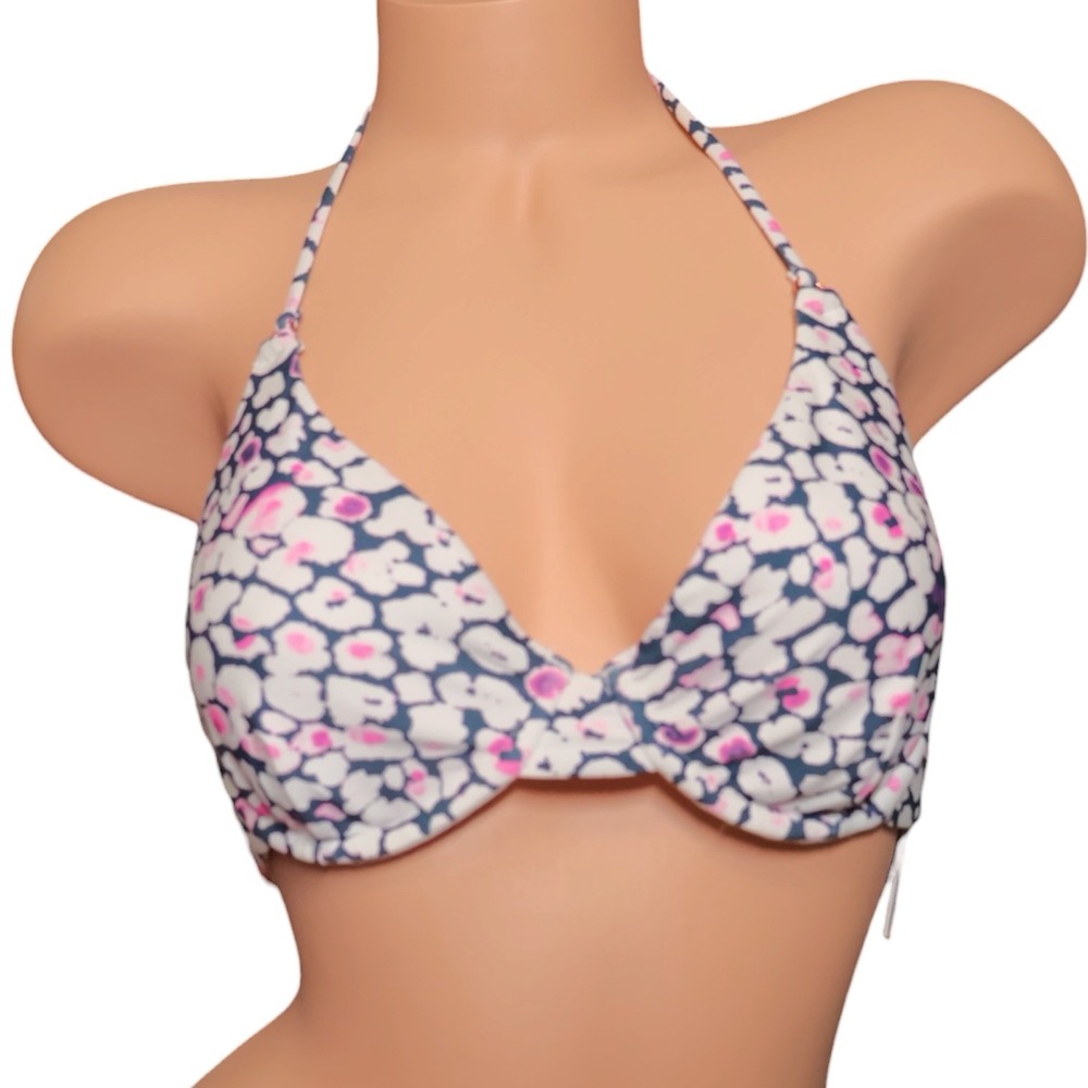 Raisins NWT XL Navy Pink Abstract Animal Print Underwire Halter Bikini Top